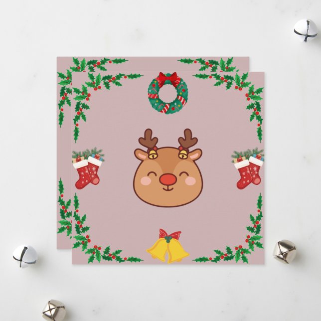 Cute Reindeer Holiday Card – Pink & Festive (Front/Back In Situ)