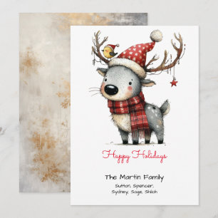 Cute Reindeer in a Santa Hat Red Happy Holiday Card