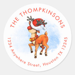 Cute Reindeer in Santa Hat Name Return Address Classic Round Sticker