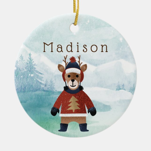 Cute Reindeer in Sweater Ceramic Tree Decoration (Front)