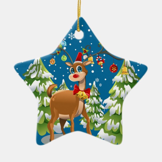 Cute Reindeer in the Snow Ceramic Tree Decoration (Front)