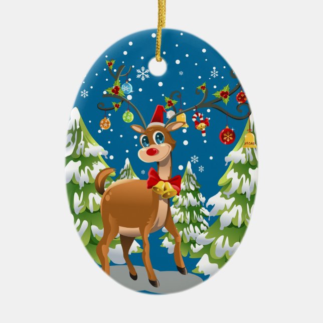 Cute Reindeer in the Snow Ceramic Tree Decoration (Front)