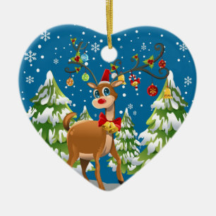 Cute Reindeer in the Snow Ceramic Tree Decoration