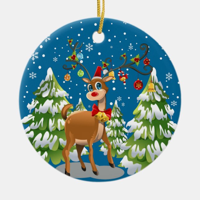 Cute Reindeer in the Snow Ceramic Tree Decoration (Front)