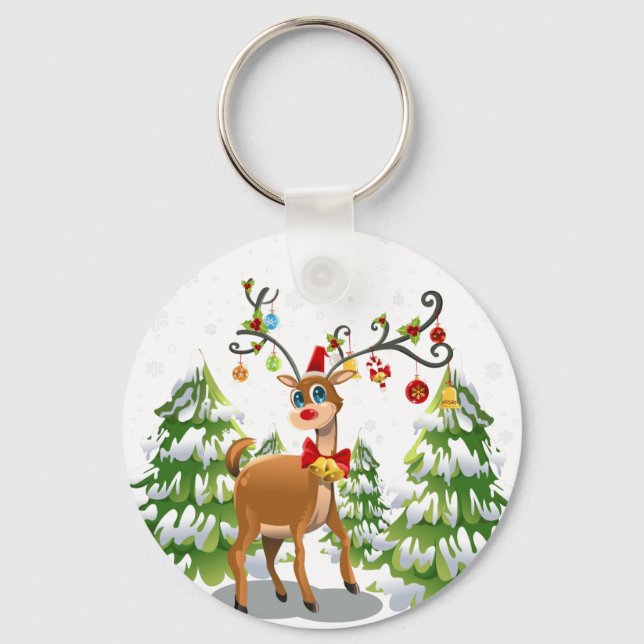 Cute Reindeer in the Snow Key Ring (Front)