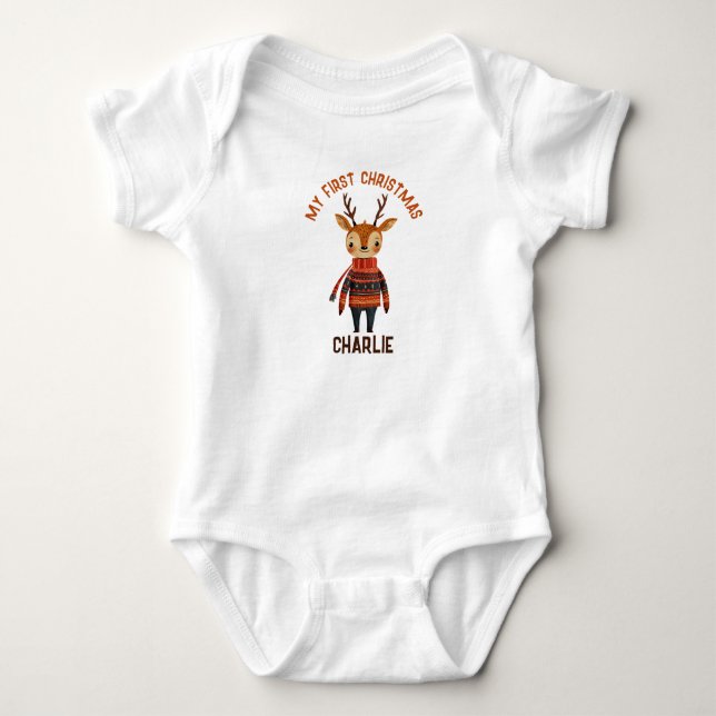 Cute Reindeer in Ugly Sweater with Name First Xmas (Front)