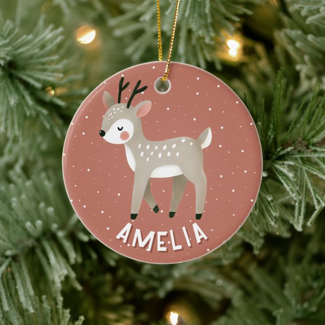 Cute Reindeer Kid`s Name Christmas Ceramic Tree Decoration (Tree)