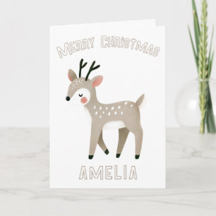 Cute Reindeer Kid`s Name Merry Christmas Holiday Card