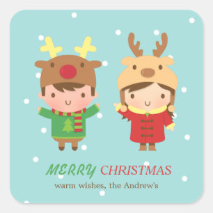 Cute Reindeer Kids Merry Christmas Party Favours Square Sticker