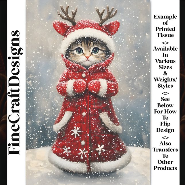 Cute Reindeer Kitten In Red Coat AK6F Decoupage Tissue Paper (Creator Uploaded)
