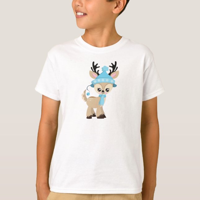 Cute Reindeer, Little Reindeer, Blue Hat, Scarf T-Shirt (Front)