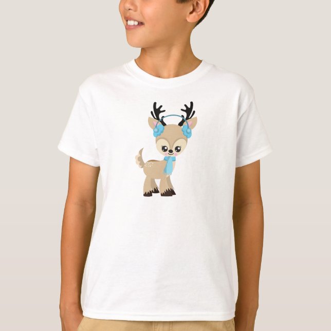 Cute Reindeer, Little Reindeer, Blue Scarf T-Shirt (Front)