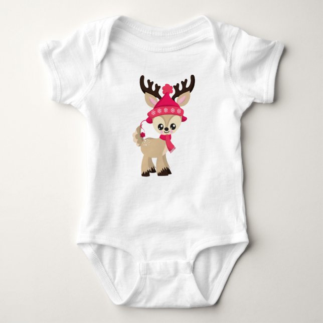 Cute Reindeer, Little Reindeer, Red Hat, Scarf Baby Bodysuit (Front)
