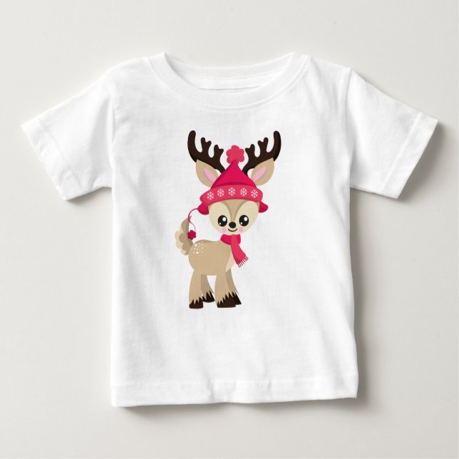 Cute Reindeer, Little Reindeer, Red Hat, Scarf Baby T-Shirt (Front)