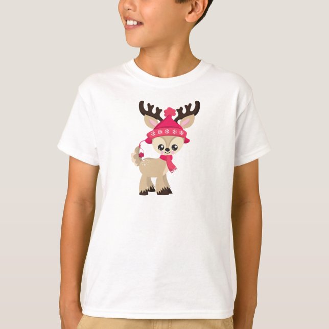 Cute Reindeer, Little Reindeer, Red Hat, Scarf T-Shirt (Front)
