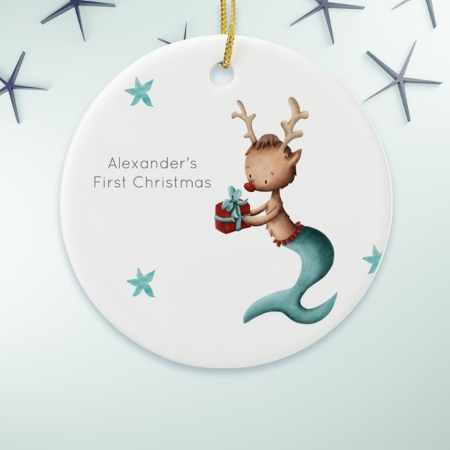 Cute Reindeer Mermaid First Christmas Whimsical Ceramic Tree Decoration (Cute first Christmas ornament with a mermaid reindeer holding a present. )