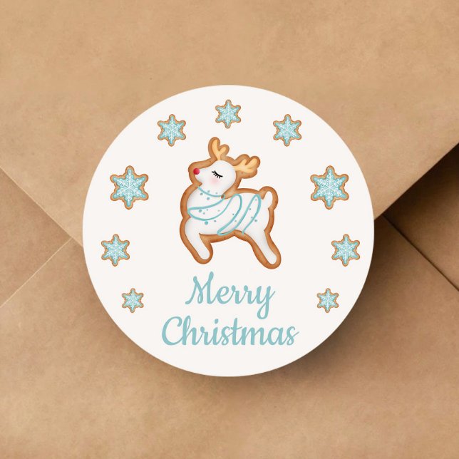 Cute Reindeer Merry Christmas Classic Round Sticker (Cute Reindeer Merry Christmas Classic Round Sticker)