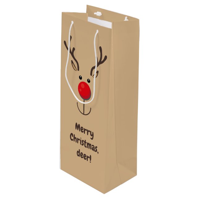 Cute Reindeer "Merry Christmas, deer" Wine Gift Bag (Front Angled)