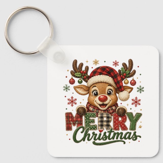 Cute Reindeer Merry Christmas Key Ring (Front)