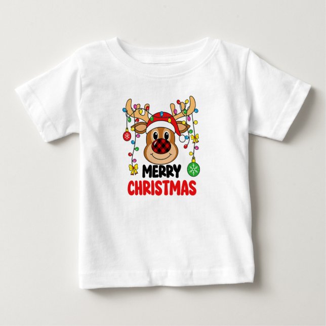 Cute Reindeer Merry Christmas Lights Baby T-Shirt (Front)