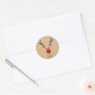 Cute Reindeer Minimalist Face Brown Classic Round Sticker