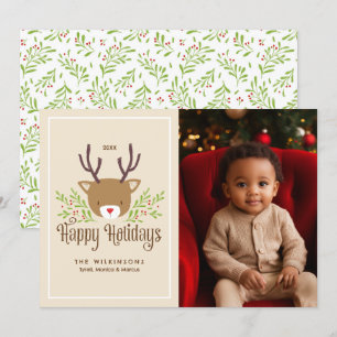 Cute Reindeer Neutral Happy Holidays Photo Card