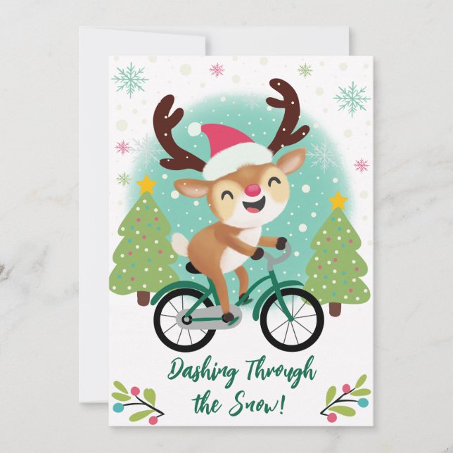 Cute Reindeer on a Green Bicycle Christmas Card (Front)