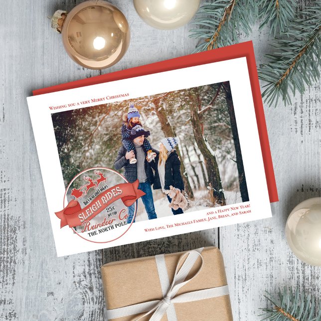 Cute Reindeer One Photo Christmas Holiday Card (Whimsical Santa Sleigh rides typography sign. )
