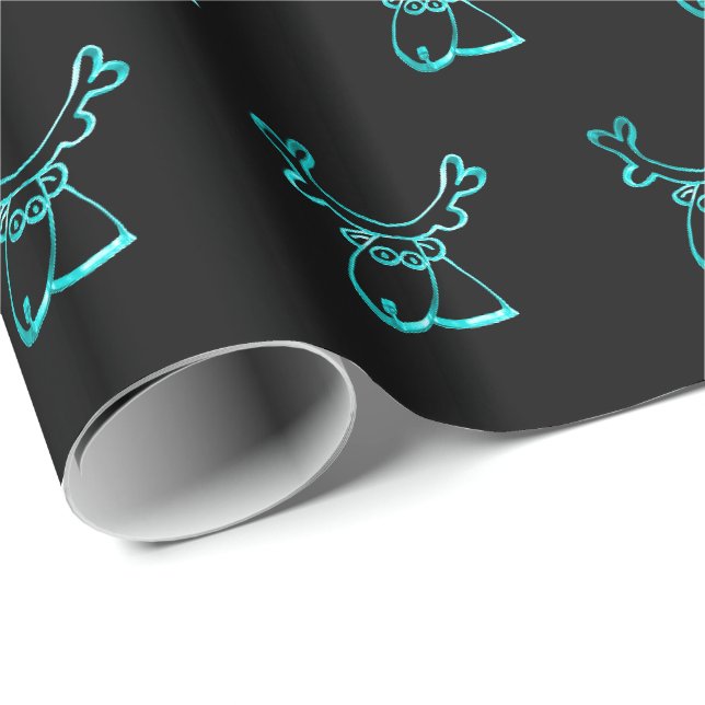 Cute Reindeer Pattern Black Turquoise Christmas Wrapping Paper (Roll Corner)