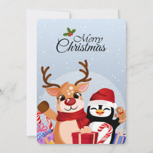 Cute Reindeer & Penguin with Christmas Gifts Holiday Card