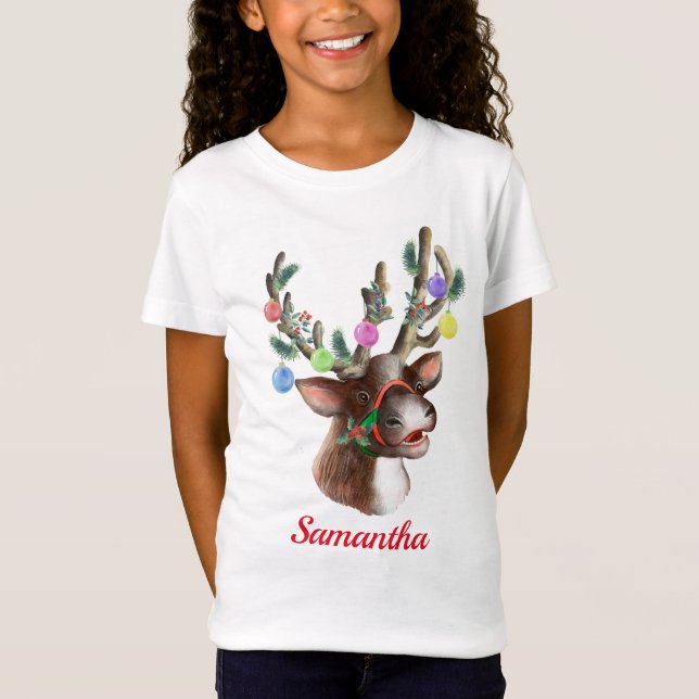 Cute Reindeer Personalised Christmas Holiday T-Shirt (Front)
