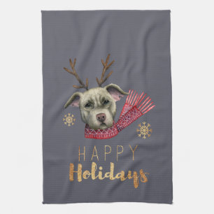 Cute Reindeer Pit Bull Terrier Dog Christmas Tea Towel