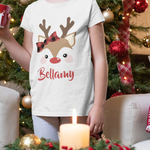 Cute Reindeer Plaid Bow Name In Red Christmas T-Shirt