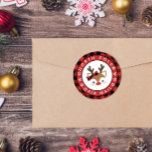 Cute Reindeer Plaid Bow North Pole Air Mail Classic Round Sticker<br><div class="desc">Cute rustic Christmas sticker for your Christmas letters and cards with a cute reindeer with a big red nose and a bow in her antlers. Red buffalo check trim. North Pole Air Mail written in curved text with snowflakes.</div>