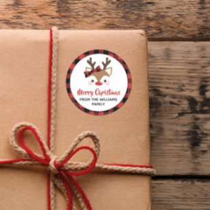 Cute Reindeer Plaid Bow Red Merry Christmas Classic Round Sticker