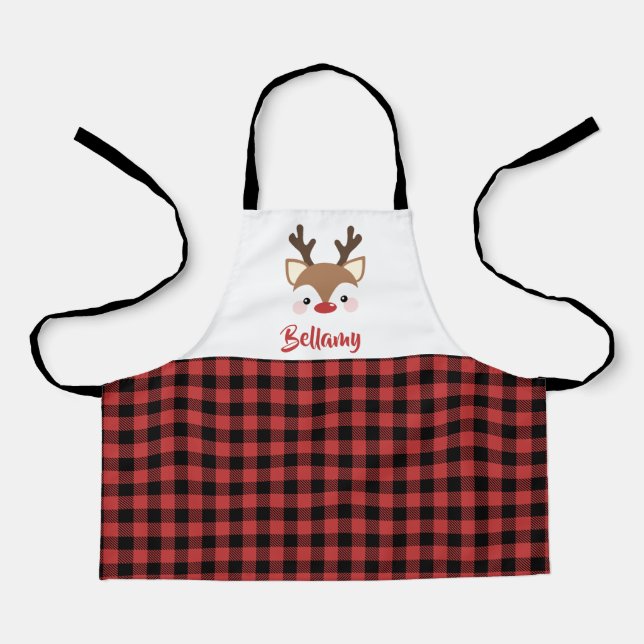 Cute Reindeer Plaid Name In Red Christmas Apron (Front)
