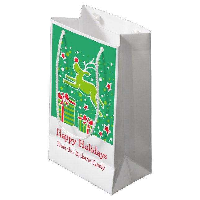 Cute reindeer prancing over christmas gifts bag (Front Angled)