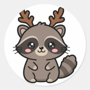 Cute Reindeer Raccoon Christmas Round Sticker
