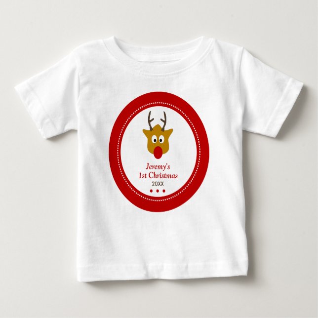 Cute Reindeer Red Babys First Christmas Baby T-Shirt (Front)