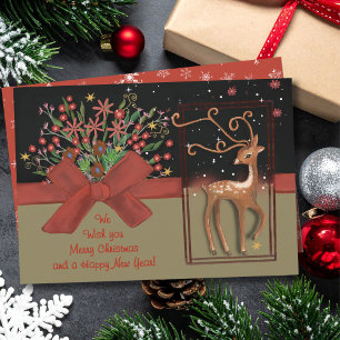 Cute Reindeer Red Bow Black & Gold Holiday Card