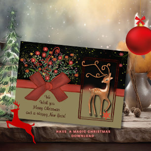 Cute Reindeer Red Bow Black & Gold Holiday Card