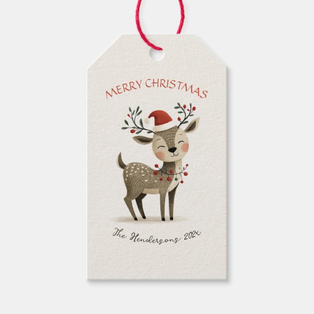 Cute Reindeer Retro Christmas Gift Tags (Front)