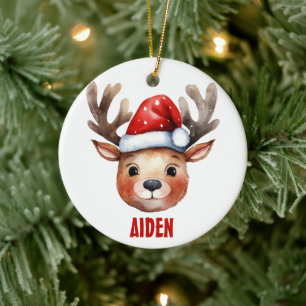 Cute Reindeer Santa Hat Custom Name Xmas Ceramic Tree Decoration