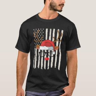 Cute Reindeer Santa Hat Glasses American Flag Chri T-Shirt