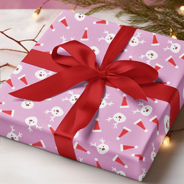 Cute Reindeer Santa Hat Modern Christmas Pattern Wrapping Paper (Creator Uploaded)