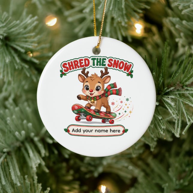 Cute Reindeer Shredding Snow Skateboard Ceramic Tree Decoration (Tree)