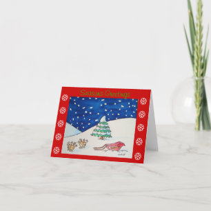 Cute reindeer snow scene with sleigh and tree holiday card