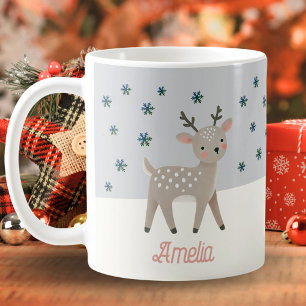 Cute Reindeer Snowflakes Drawing Name Christmas Coffee Mug