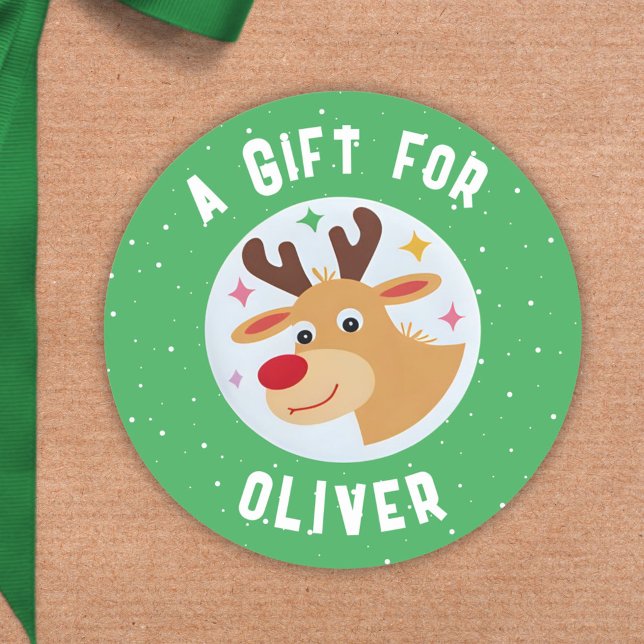 Cute Reindeer Snowflakes Kid`s Name Christmas  Classic Round Sticker (Creator Uploaded)