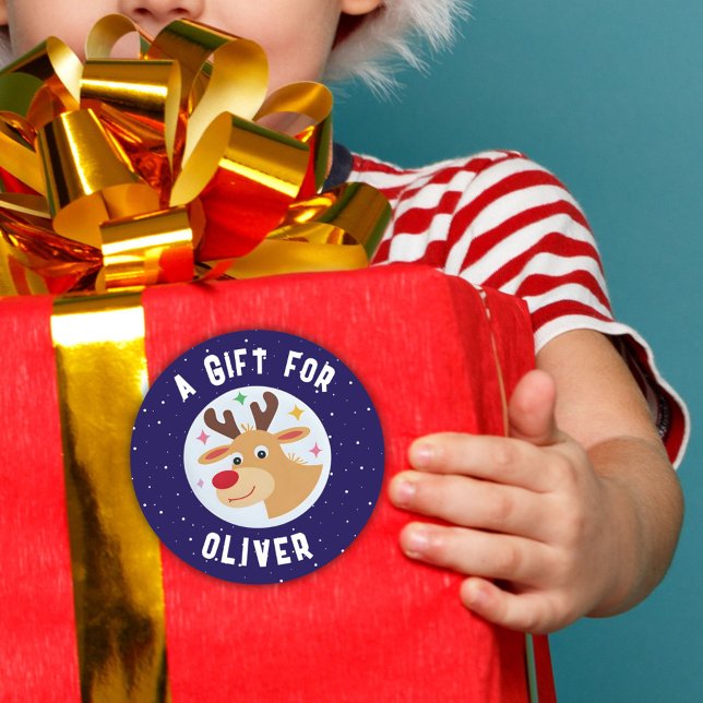 Cute Reindeer Snowflakes Kid`s Name Christmas  Classic Round Sticker (Creator Uploaded)